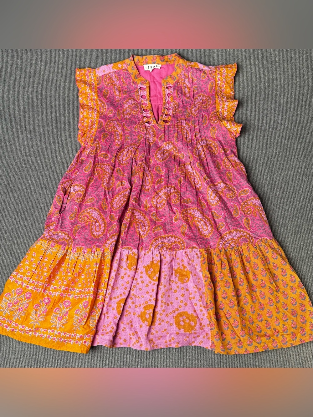 THML Dress Womens Small Pink Orange Paisley Floral Boho Ruffle Tiered